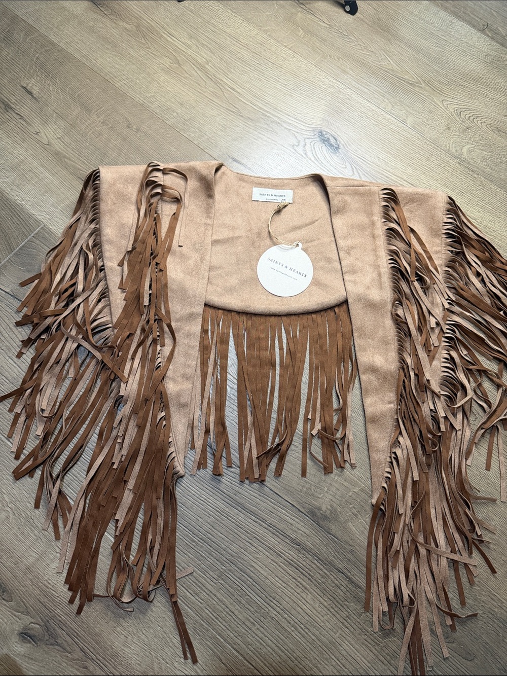 Fringed Suede-Look Cropped Jacket in Tan. Sits perfectly across the shoulders